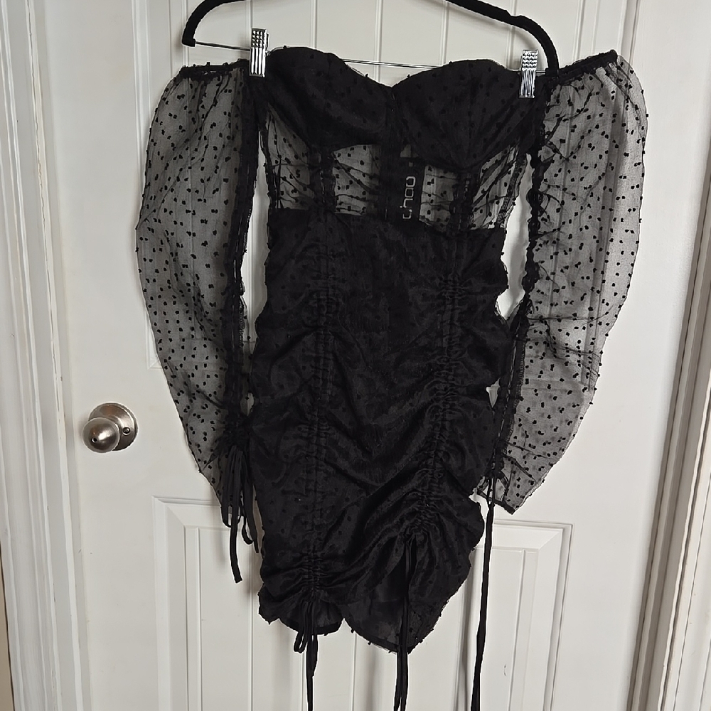 Boohoo Black Sheer Swiss Dot Mini Dress – Ruched Mesh Long Sleeve Size 2 - Picture 2 of 9